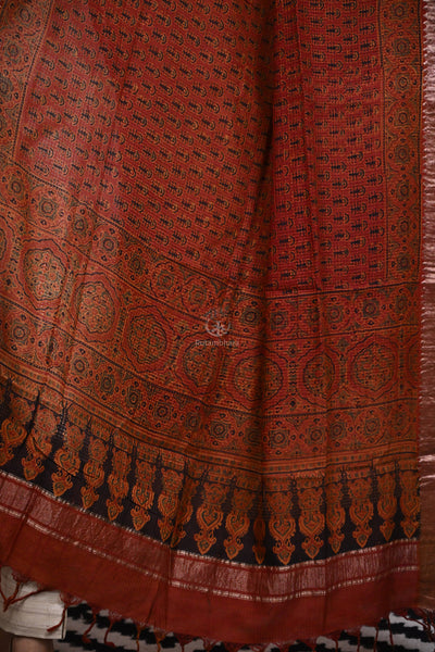 Ushraa -Rust Orange Handblock printed Ajrakh Mangalgiri Dupatta-Rutambhara-RUTAMBHARA