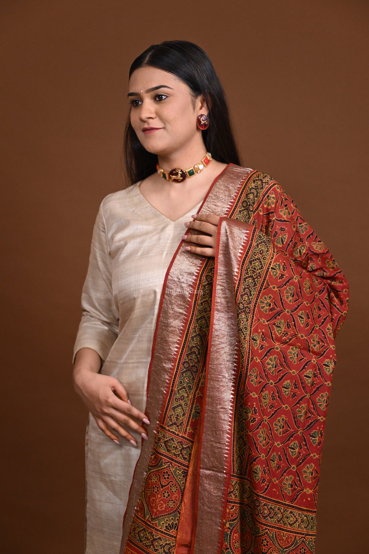 Ushraa - Light Rust Orange Handblock printed Ajrakh Mangalgiri Dupatta