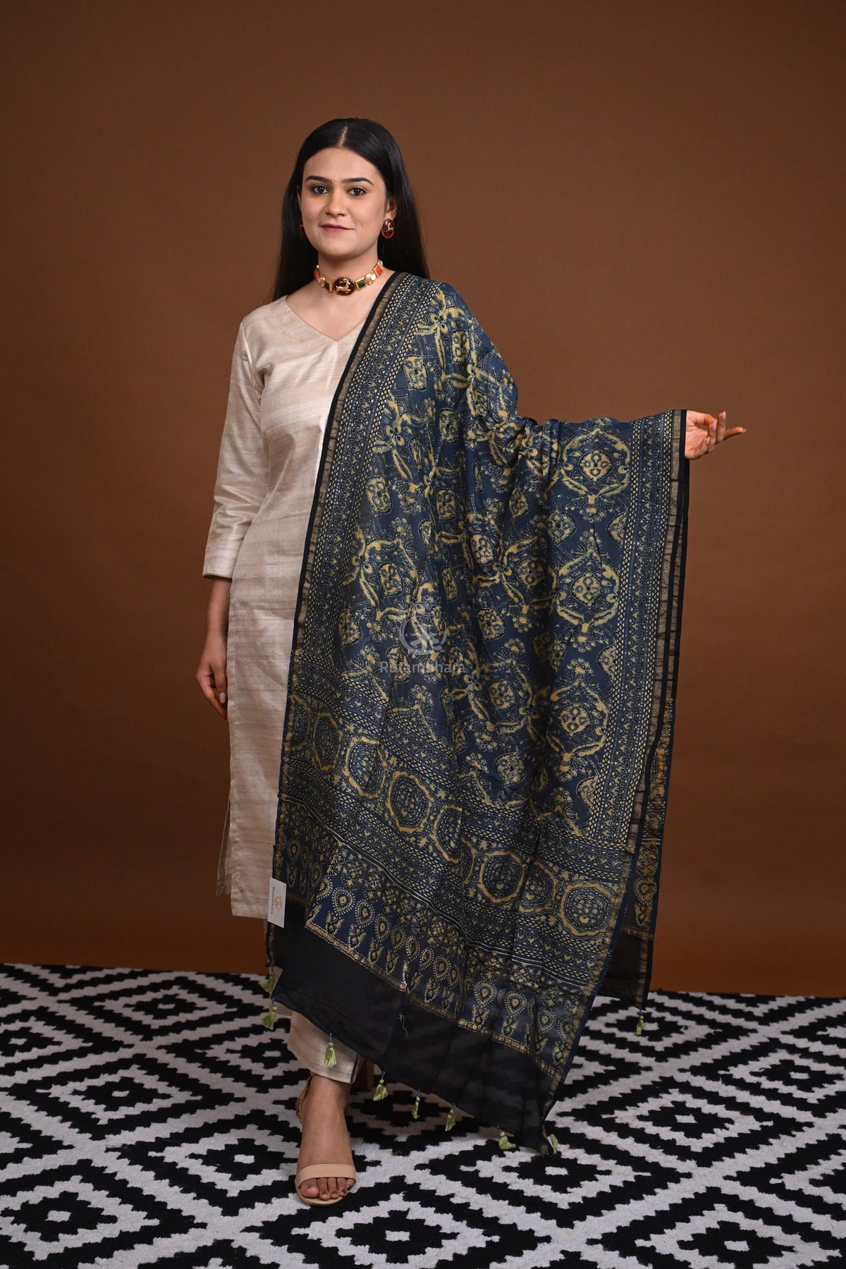 Ushraa - Blue Handblock printed Chanderi Ajrakh Dupatta