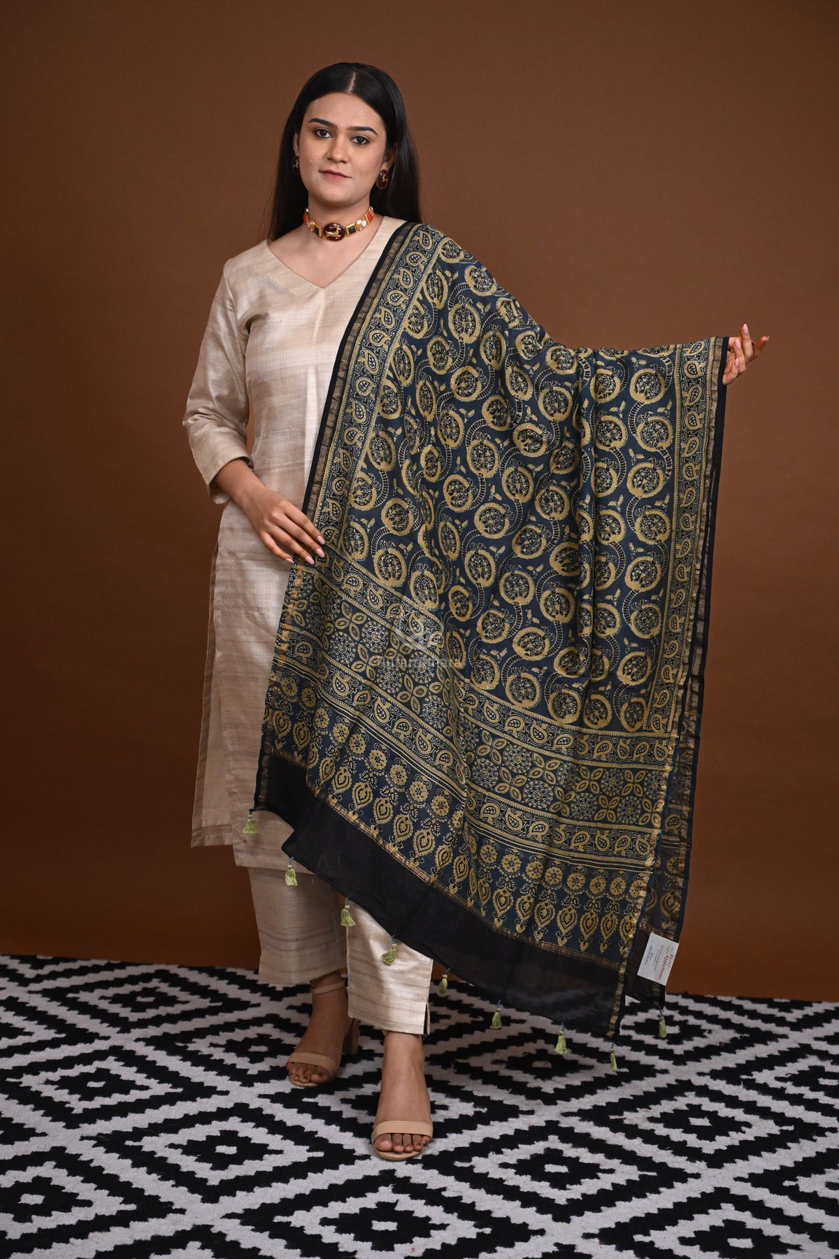 Ushraa - Blue Handblock printed Chanderi Ajrakh Dupatta