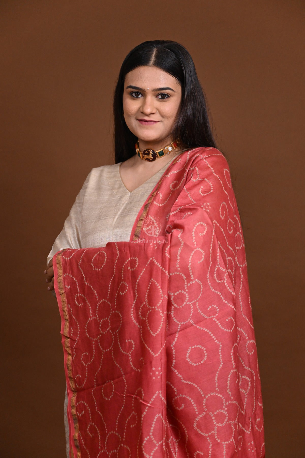 Rakbaa - Peach Red Ajrakh Rai Bandhej dupatta in Chanderi