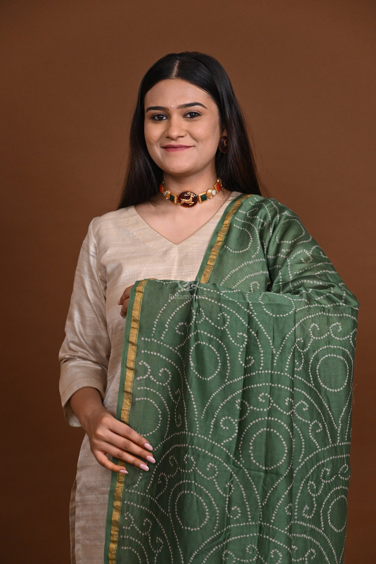 Rakbaa - Green Red Ajrakh Rai Bandhej dupatta in Chanderi.
