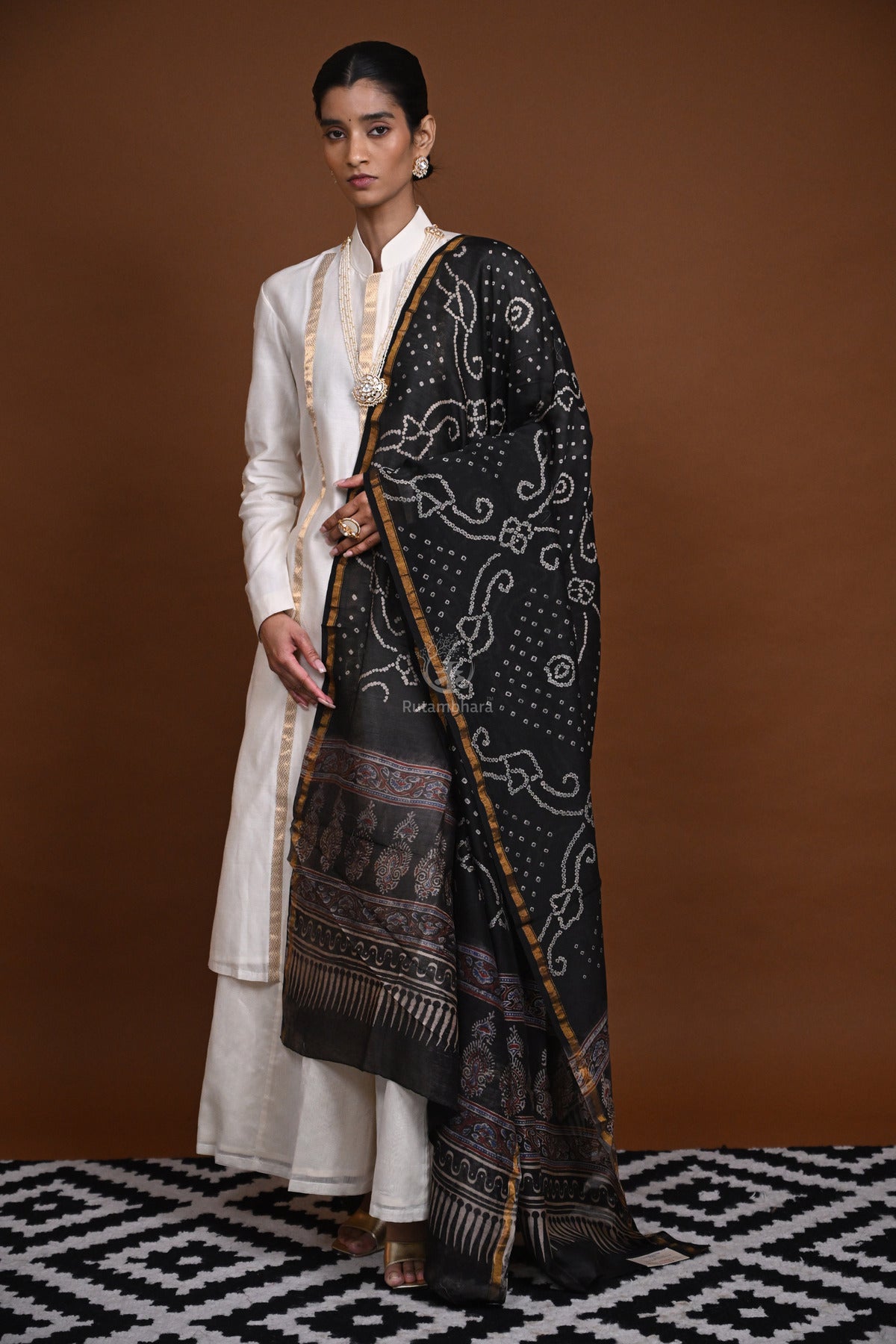 Rakbaa - Black Ajrakh Rai Bandhej dupatta in Chanderi