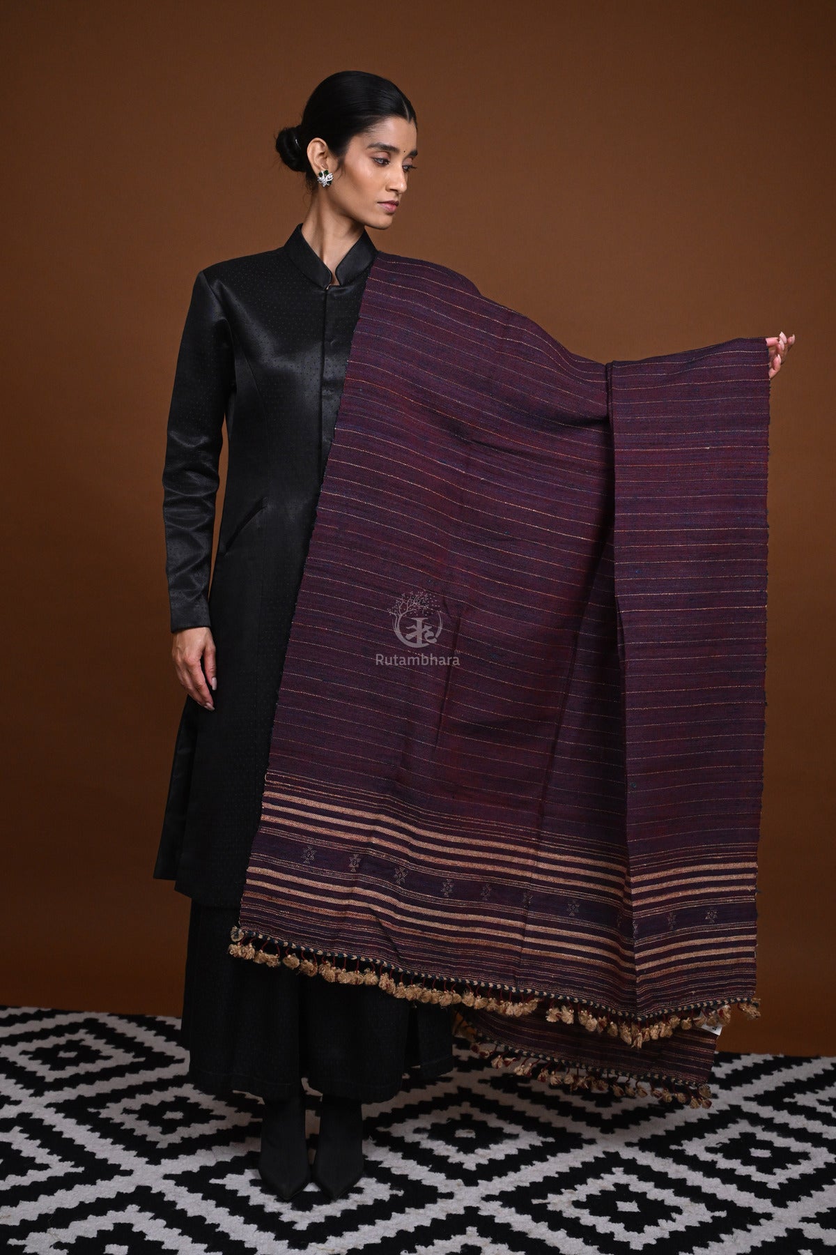 Jessal - Maroonish Blue Handwoven silk woollen shawl with traditional motifs