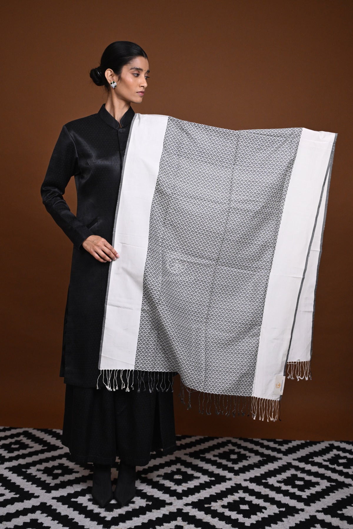 Eiraa - Handwoven Monochrome stole with broad plain border elegantly woven with silk and cotton yarns.