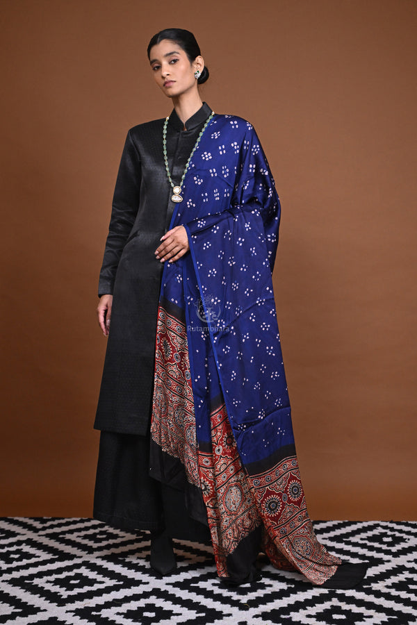 Rakbaa - Ink Blue Ajrakh Bandhej dupatta in Modal silk-Rutambhara-RUTAMBHARA