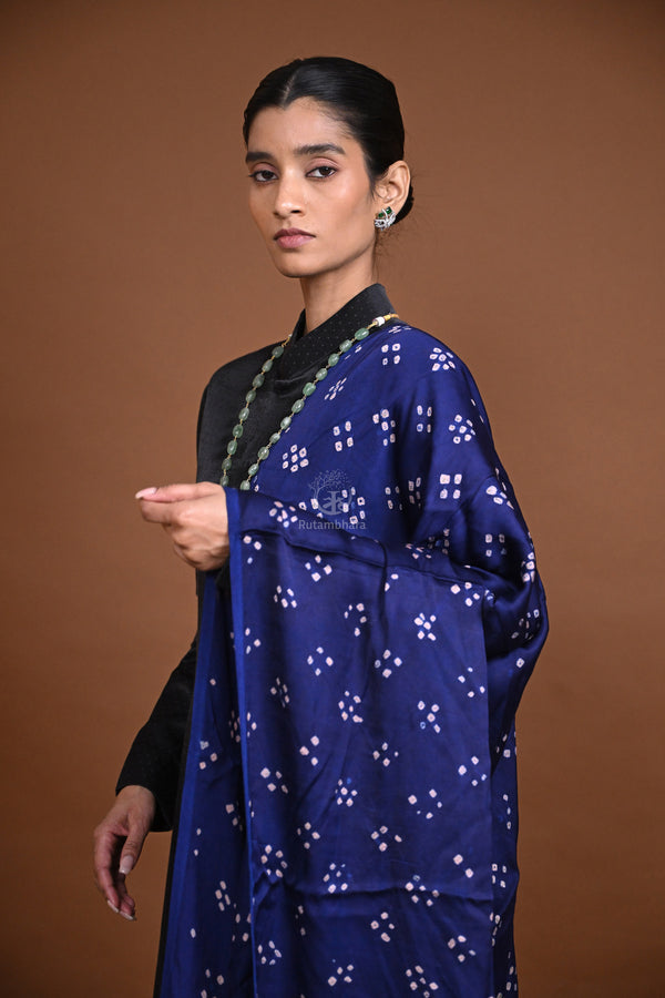 Rakbaa - Ink Blue Ajrakh Bandhej dupatta in Modal silk-Rutambhara-RUTAMBHARA