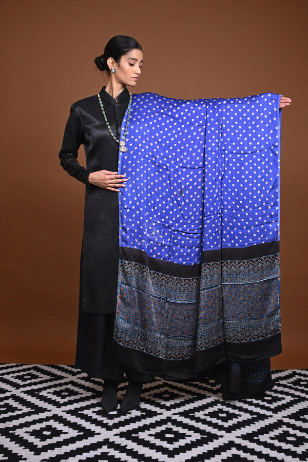 Rakbaa - Blue Black Ajrakh Bandhej dupatta in Modal silk-Rutambhara-RUTAMBHARA
