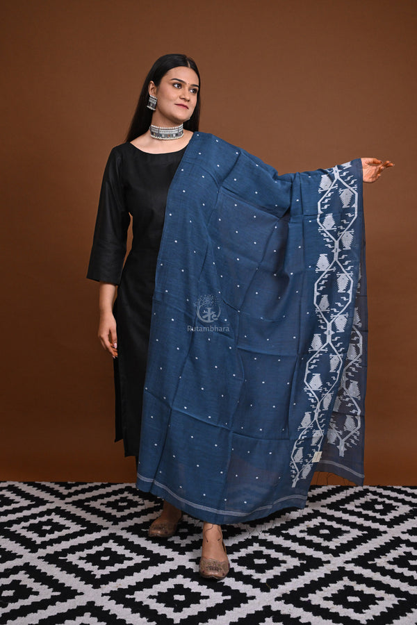 Handwoven Jamdani Cotton Dupatta-Rutambhara-RUTAMBHARA