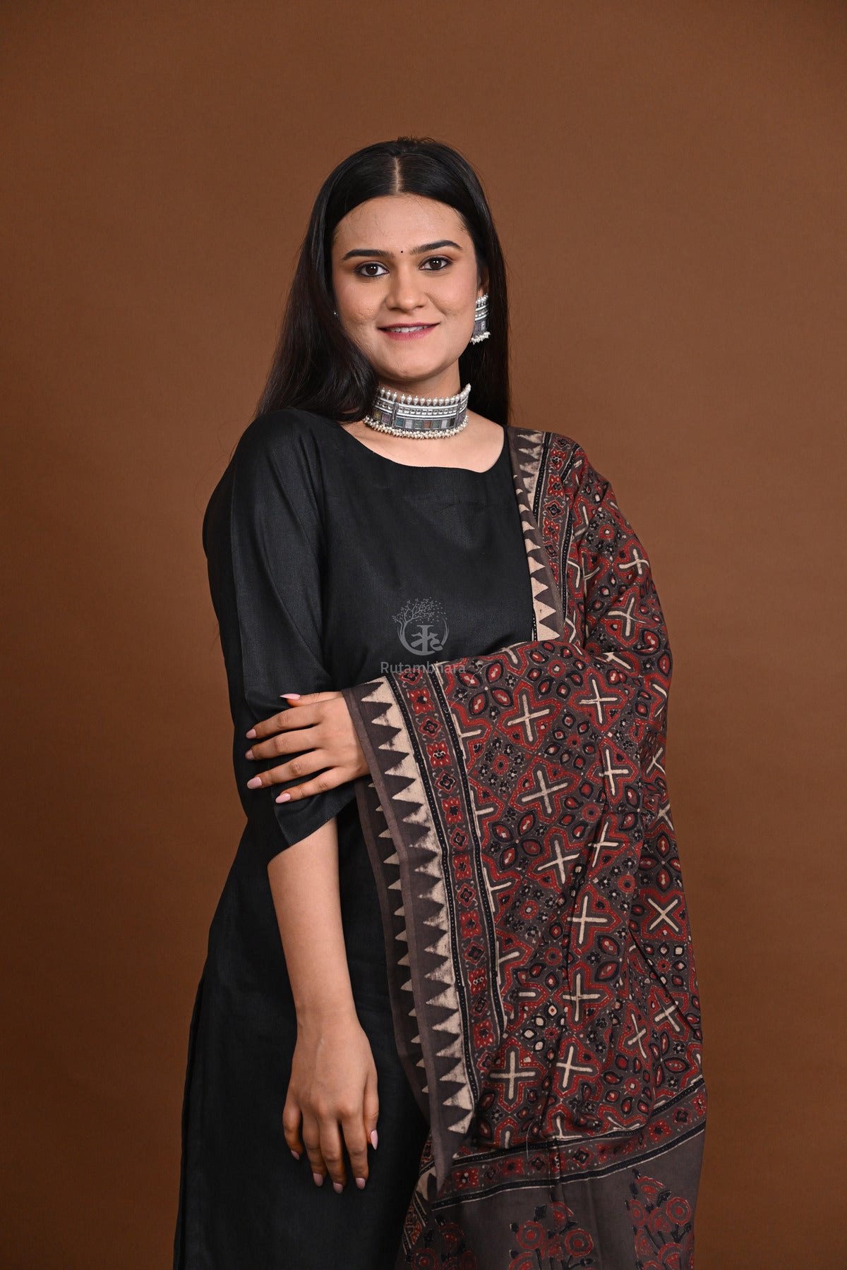 Ushraa - Brown Handblock printed Cotton Ajrakh Dupatta
