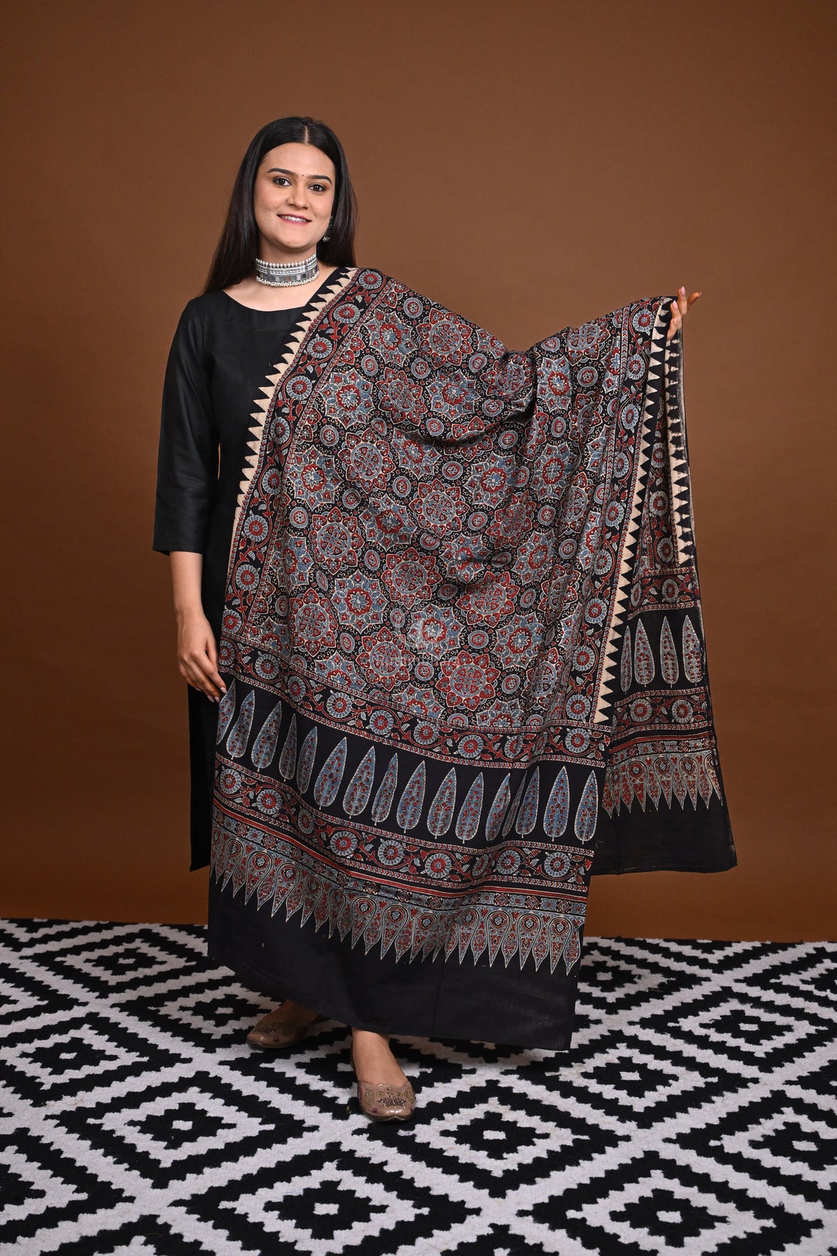 Ushraa - Black Handblock printed Cotton Ajrakh Dupatta
