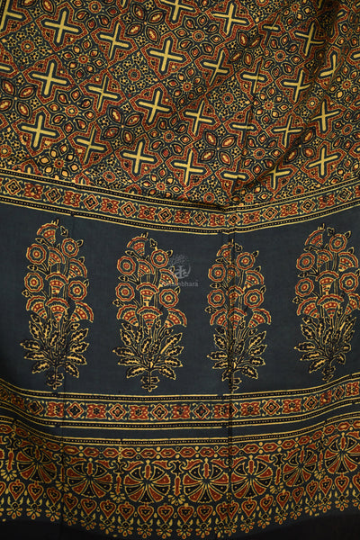 Ushraa - Dark Green Handblock printed Cotton Ajrakh Dupatta-Rutambhara-RUTAMBHARA