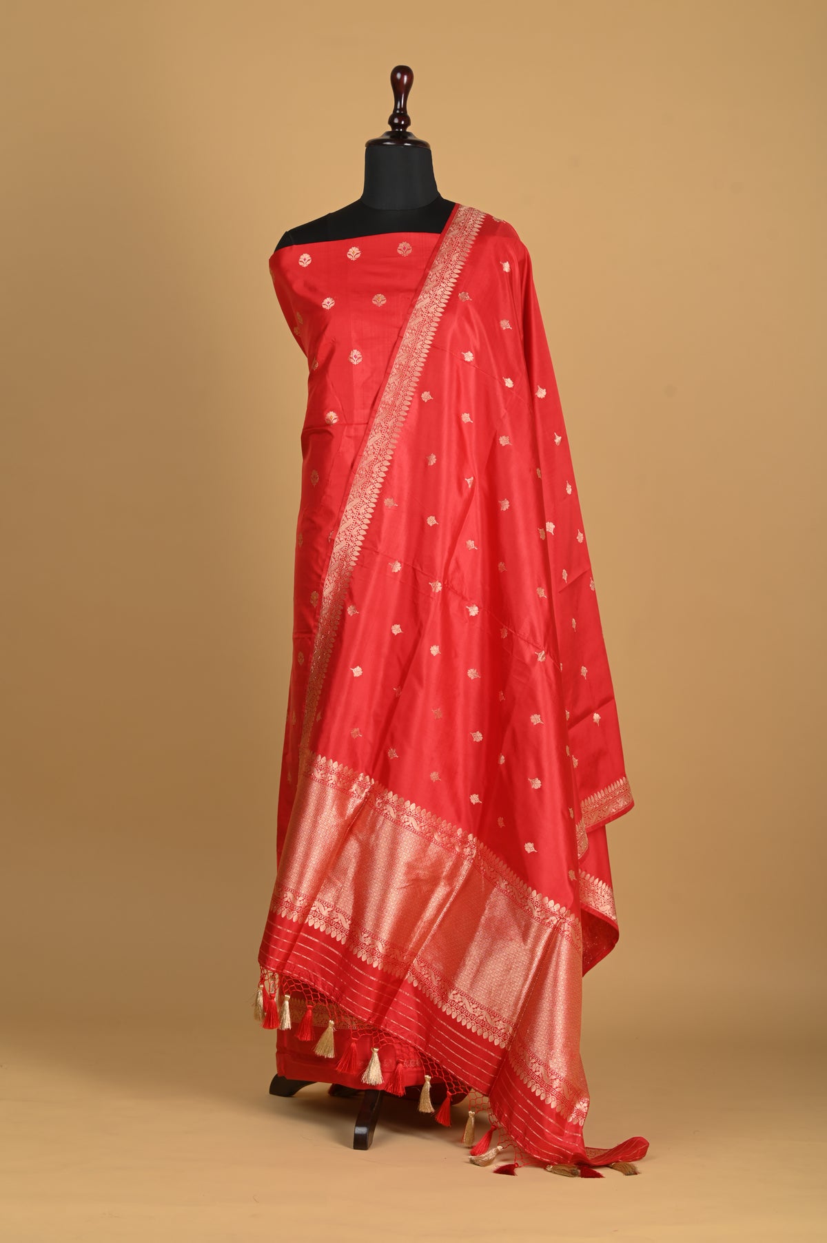 Noushk - Crimson Red Handwoven Pure Katan Silk Banarasi Full Suit