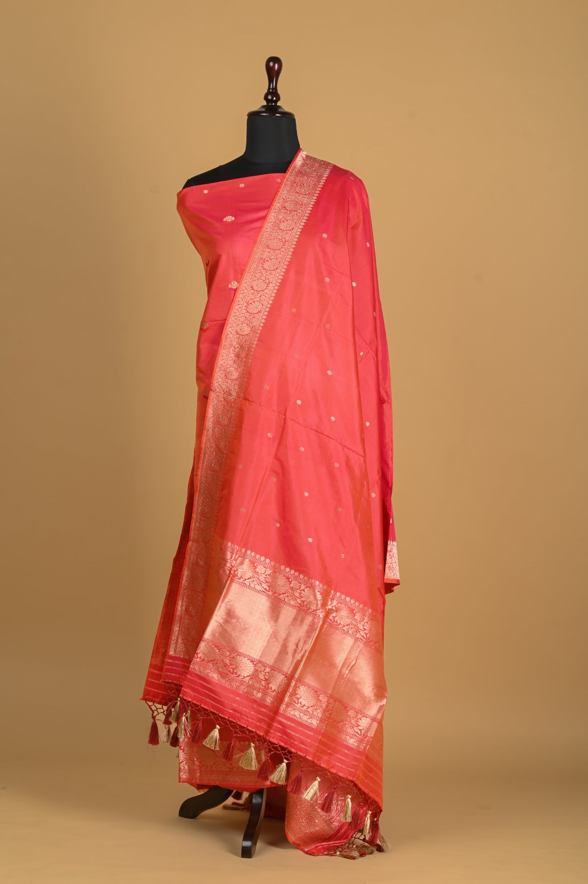 Noushk - Pink shot Orange Handwoven Pure Katan Silk Banarasi Full Suit