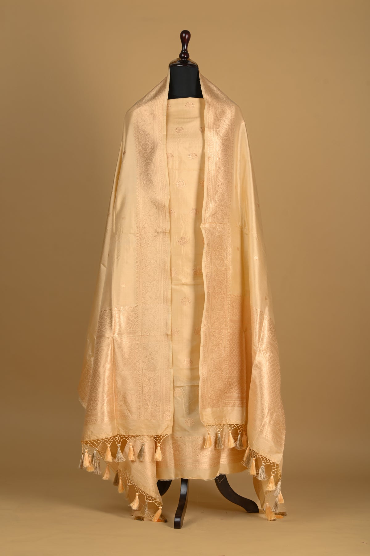 Noushk - Beige gold Handwoven Pure Katan Silk Banarasi Full Suit