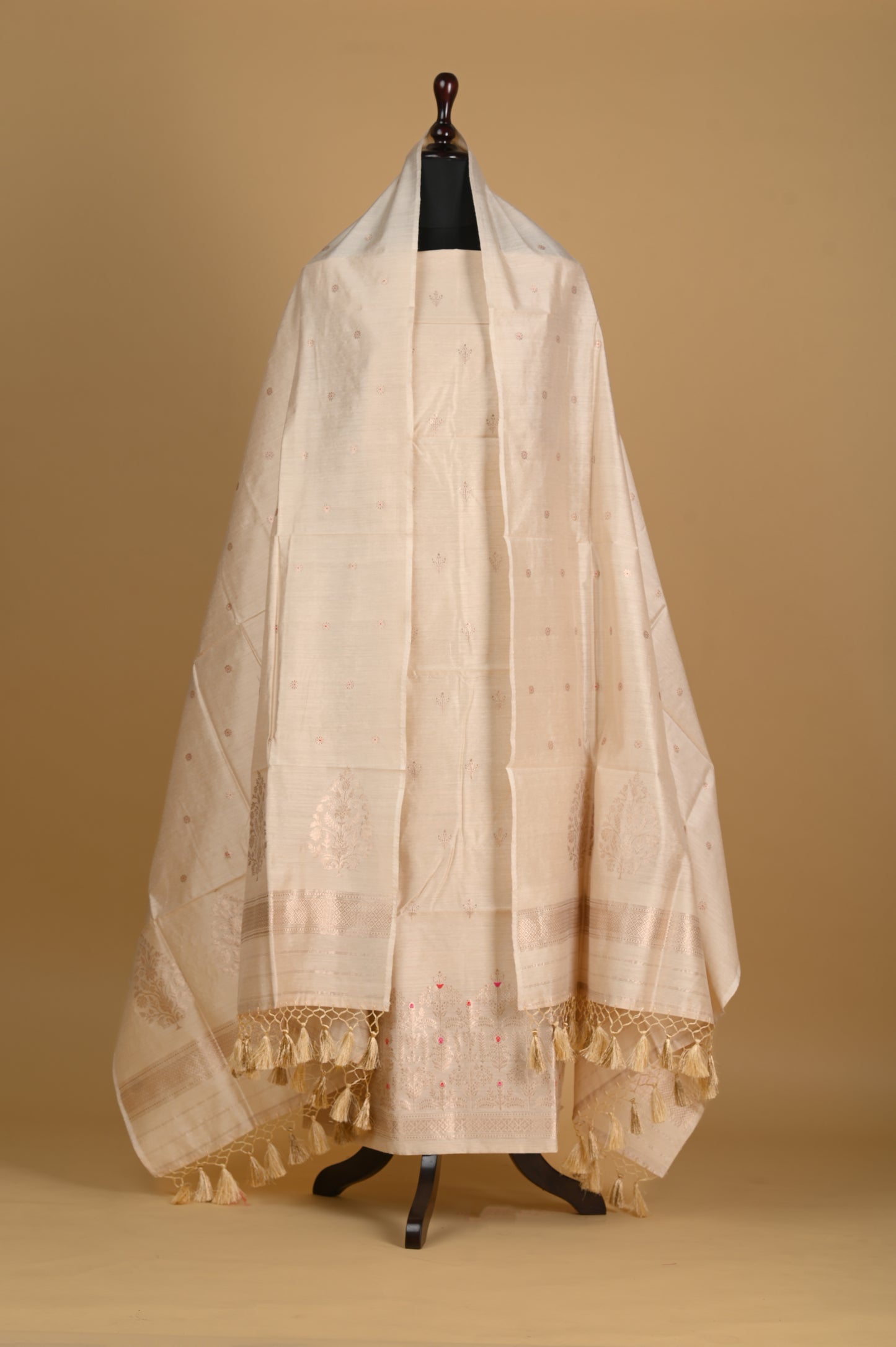 Noushk - Beige Dyeable Handwoven Pure Munga Silk Banarasi Full Suit