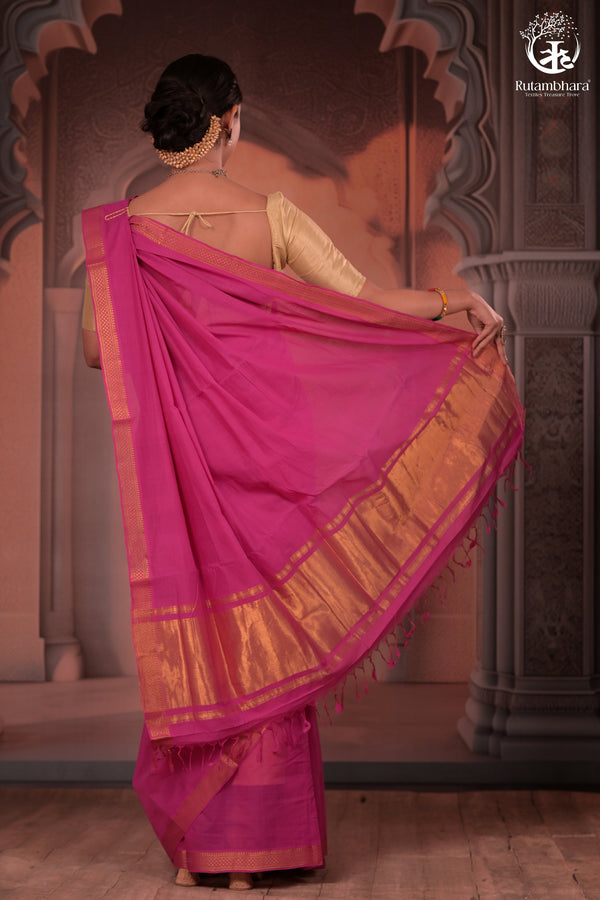 Bhadra - Elegant Magenta Pure Cotton Saree with Zari Border and Kalamkari Blouse Piece-RUTAMBHARA-RUTAMBHARA