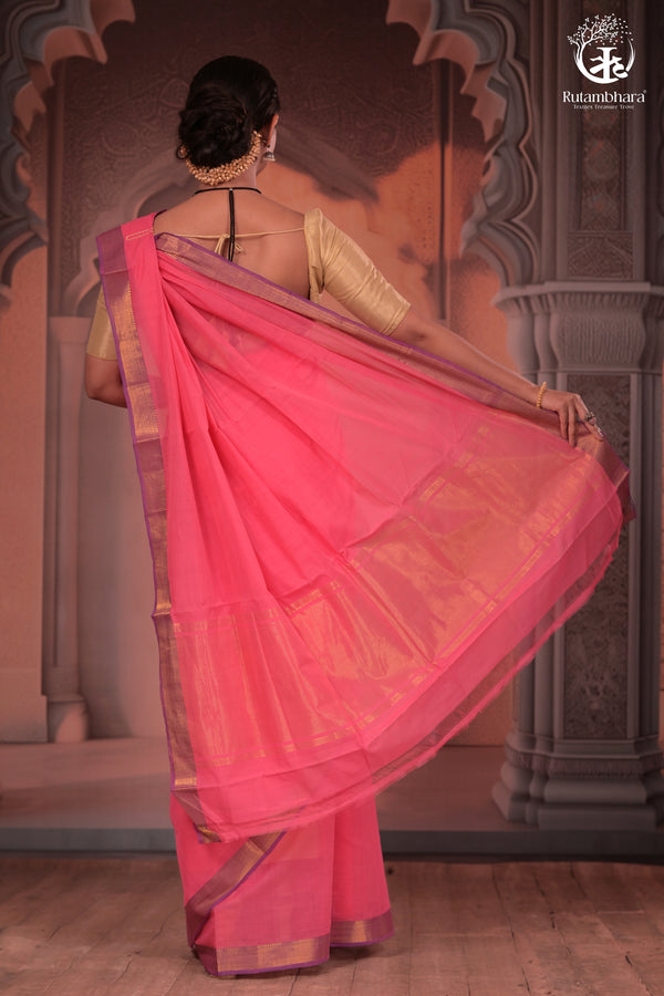 Bhadra - Elegant Pink Pure Cotton Saree with Zari Border and Kalamkari Blouse Piece-RUTAMBHARA -RUTAMBHARA