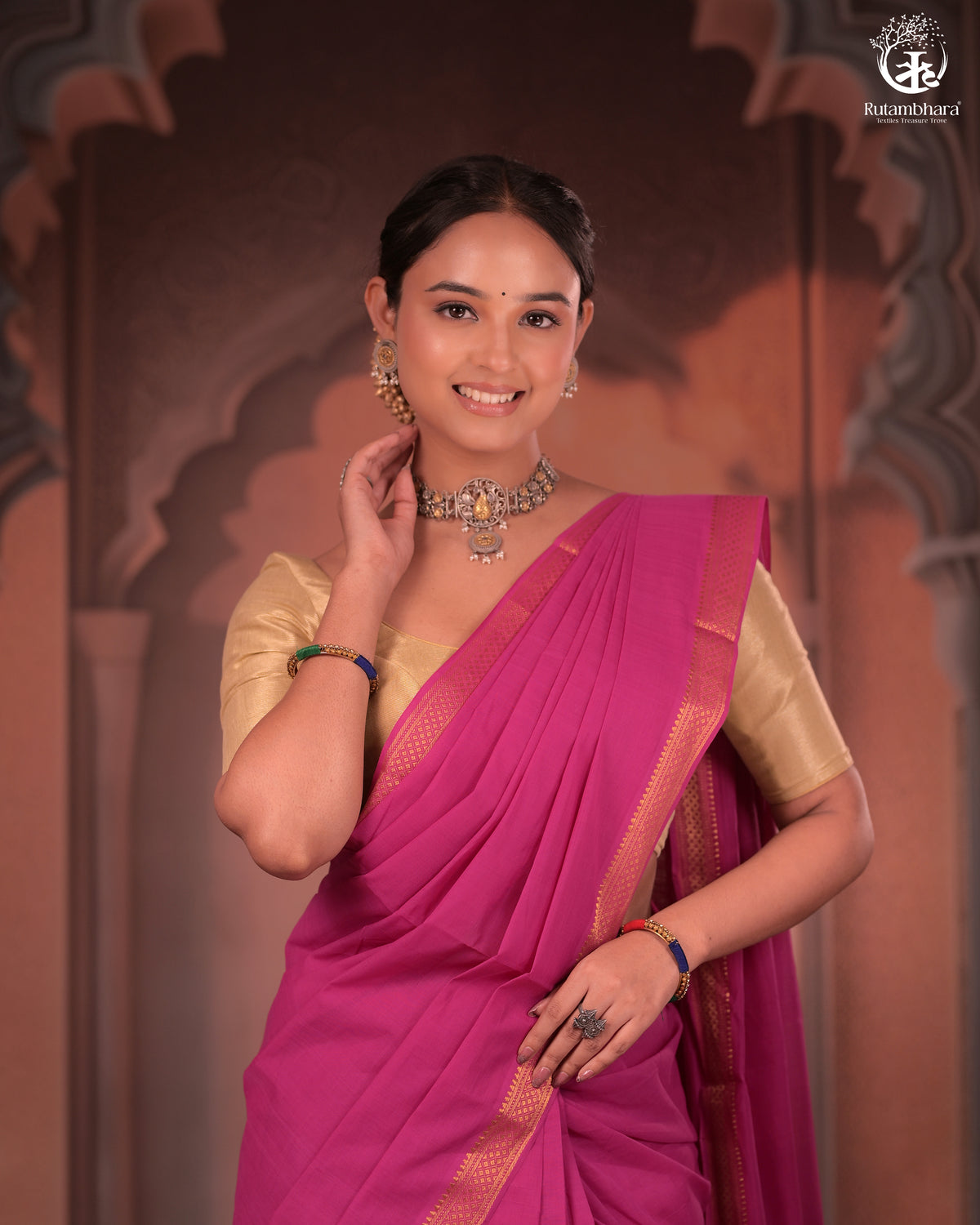 Bhadra - Elegant Magenta Pure Cotton Saree with Zari Border and Kalamkari Blouse Piece
