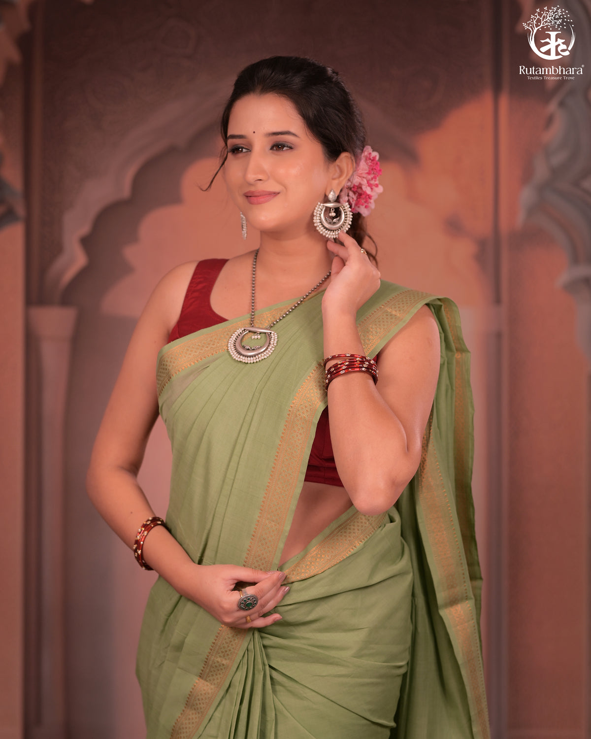 BHADRA - Elegant Pastel green Pure Cotton Saree with Gold Border and Kalamkari Blouse
