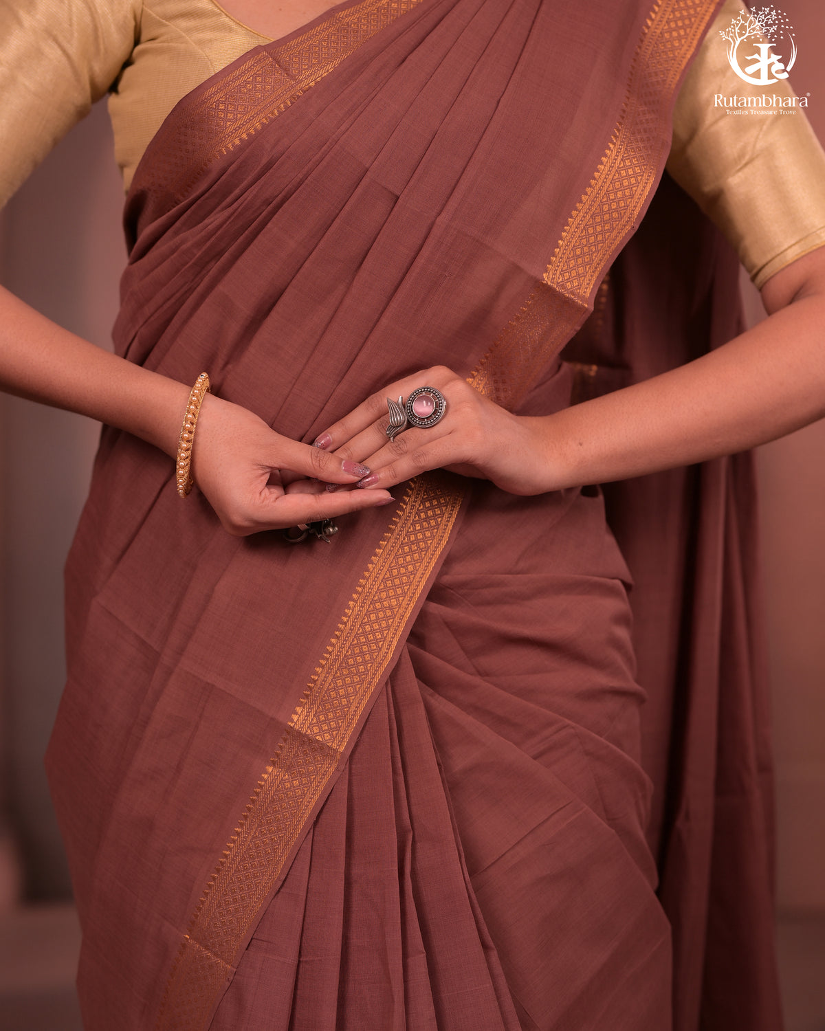BHADRA - Artisanal Rose Gold Pure Cotton Saree with Gold Border and Kalamkari Blouse