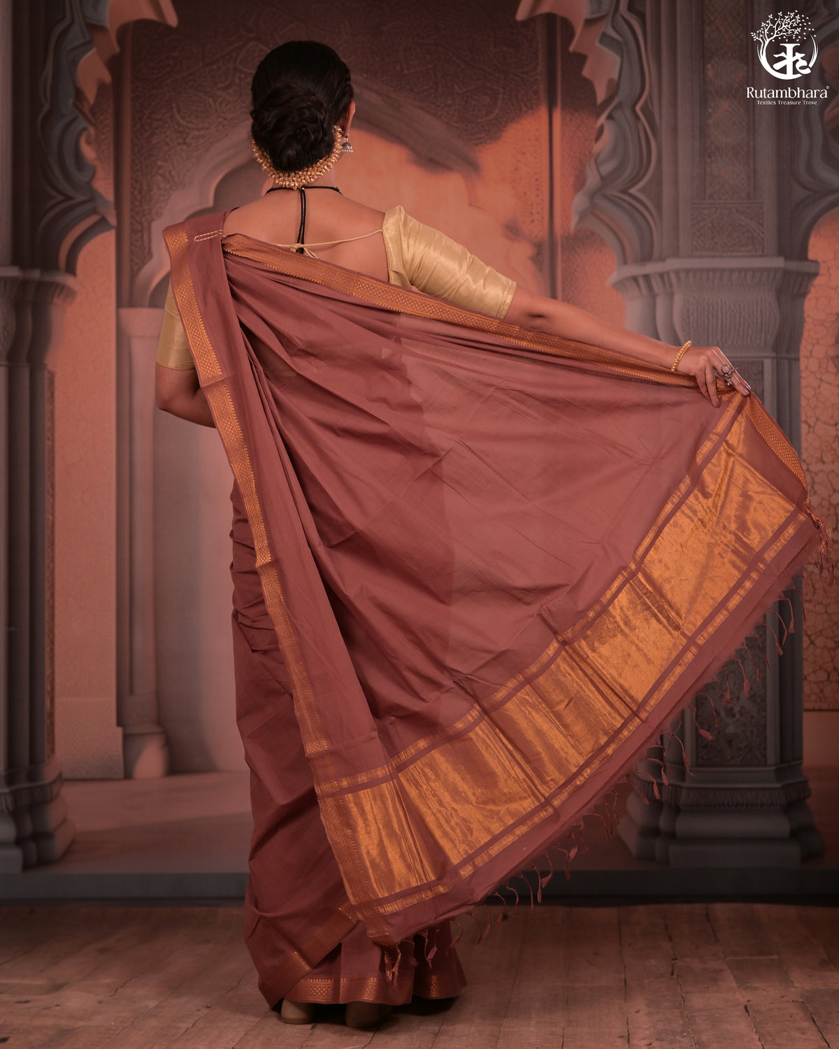 BHADRA - Artisanal Rose Gold Pure Cotton Saree with Gold Border and Kalamkari Blouse