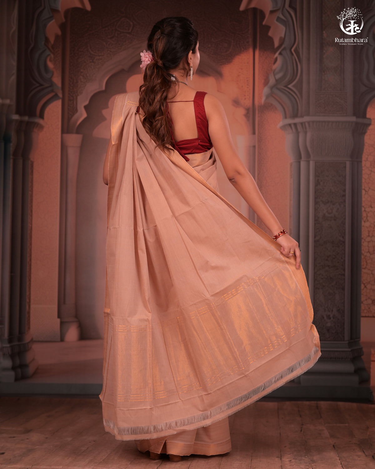 BHADRA -Elegant Beige Pure Cotton Saree with Gold Border And Kalamkari Blouse