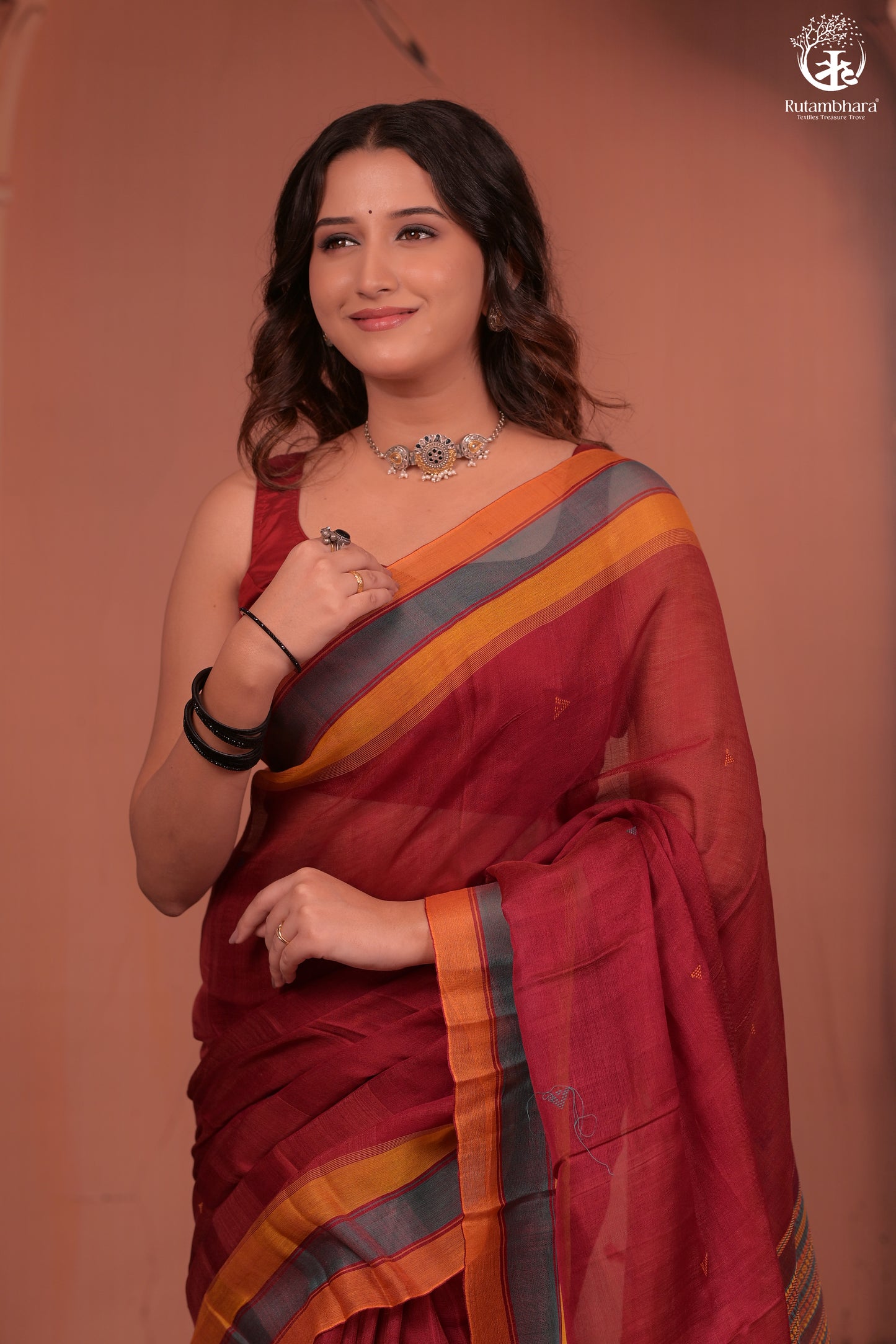 JESAAL - Handloom Cotton Eri Silk Saree With Kutchhi Craftsmanship