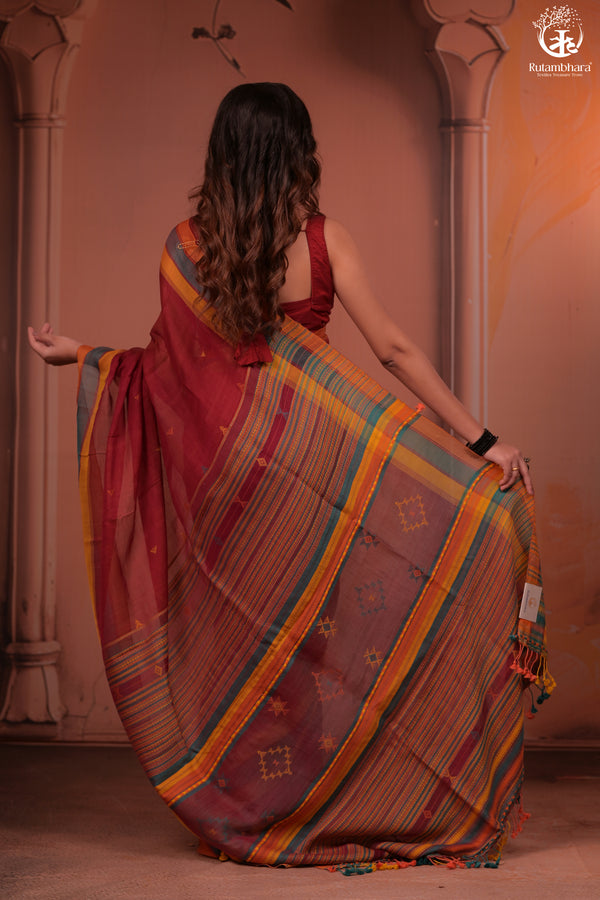 JESAAL - Handloom Cotton Eri Silk Saree With Kutchhi Craftsmanship