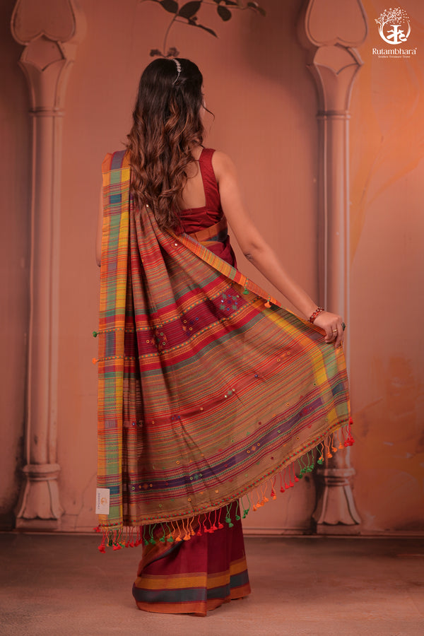 JESAAL - Classic Rust Kutchhi Cotton Saree with Multicolor Pallu
