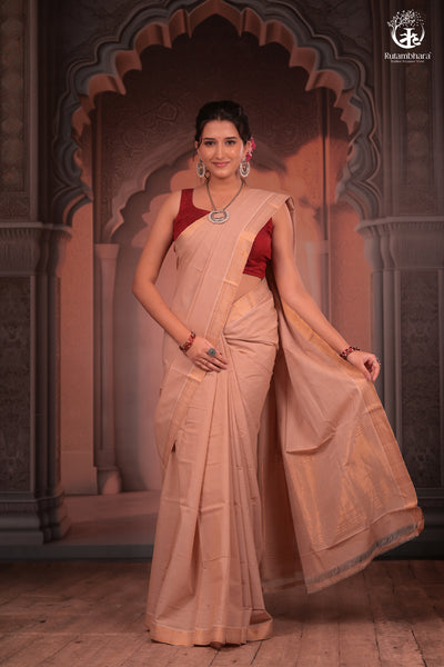 BHADRA -Elegant Beige Pure Cotton Saree with Gold Border And Kalamkari Blouse-RUTAMBHARA-RUTAMBHARA