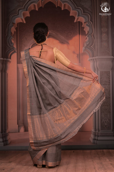 BHADRA - Elegant Grey Pure Cotton Saree with Zari Border And Kalamkari Blouse-RUTAMBHARA-RUTAMBHARA