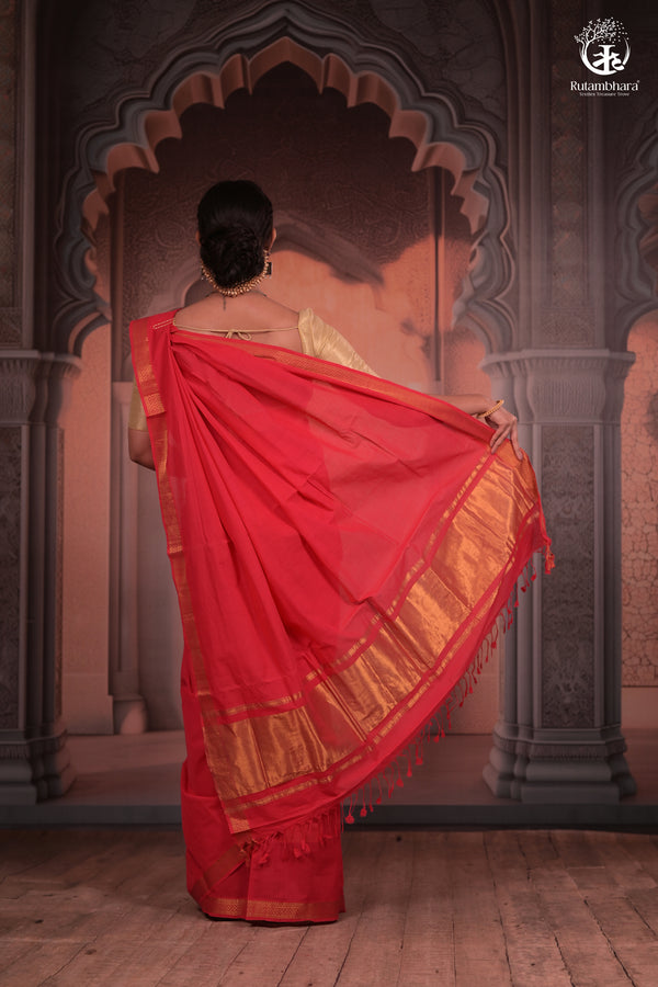 Bhadra - Elegant Gulaal Red Pure Cotton Saree with Gold Zari and Kalamkari Blouse Piece-RUTAMBHARA-RUTAMBHARA