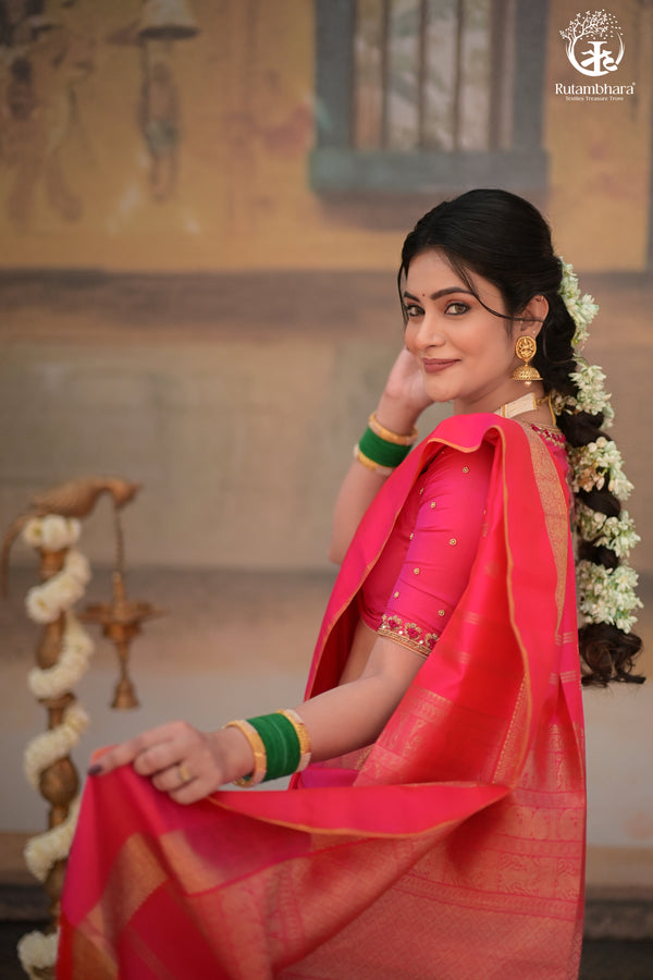 Eevara Pink Kancheevaram Heirloom Silk Saree-Rutambhara-Pink-RUTAMBHARA