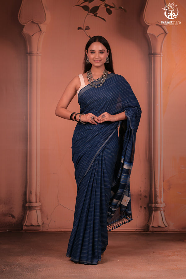 JESAAL - Handcrafted Indigo Cotton-Bamboo Saree with Kutchi Weave