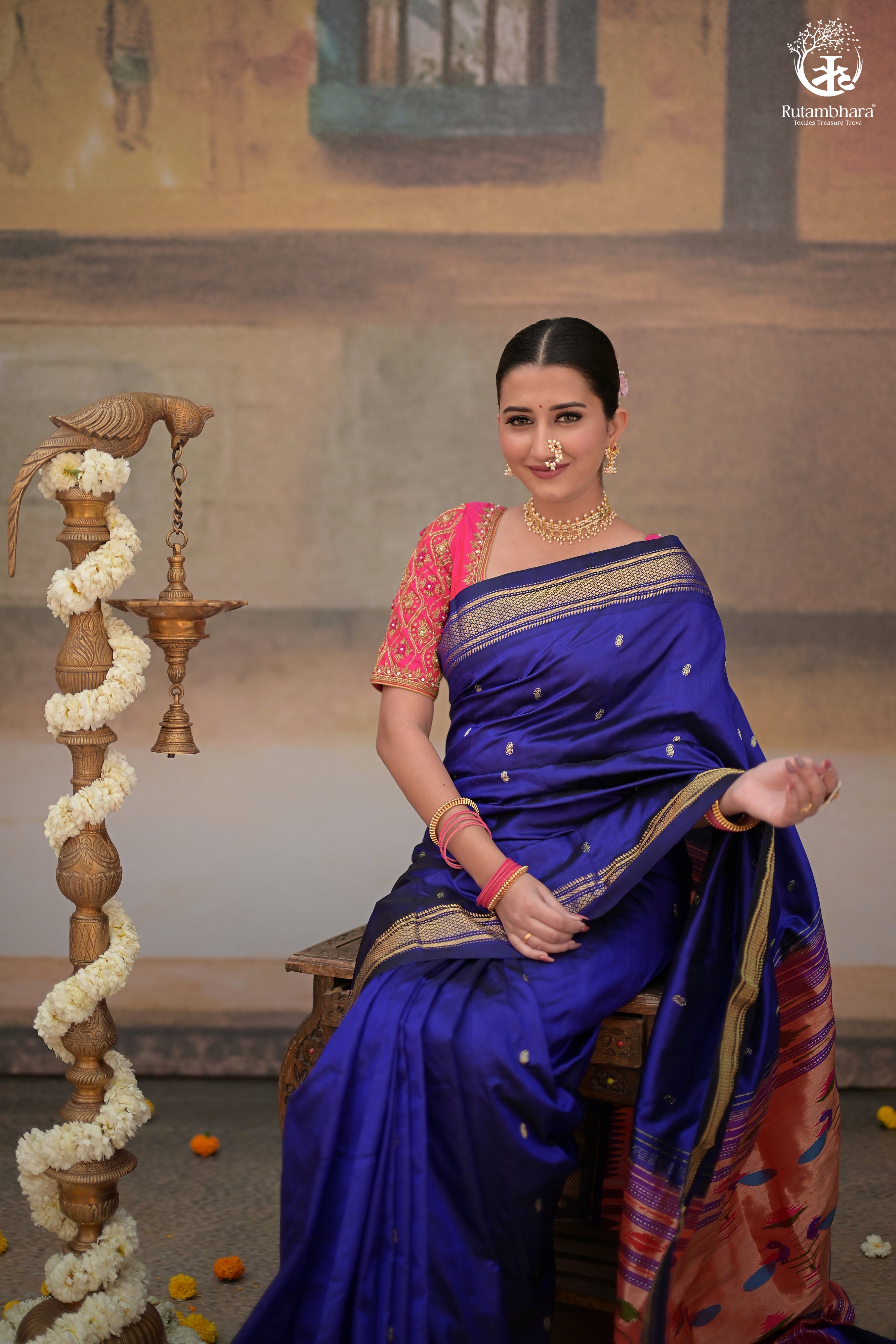 Ink Blue Paithani Saree With Peacock Motif Traditional Brocade Double Pallu And Deep Ink Blue Selvedge