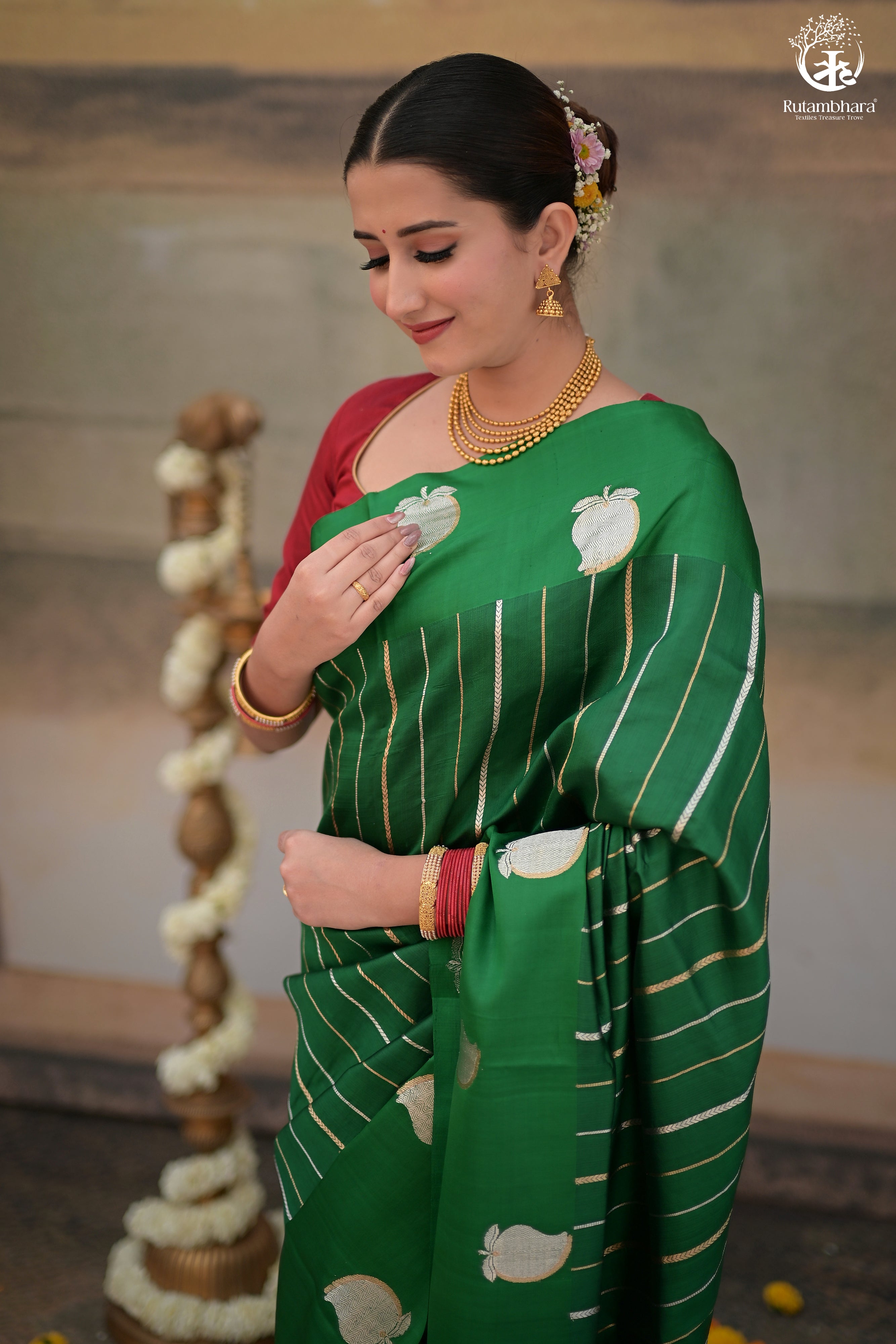 NOUSHK - ROYAL GREEN BANARASI SAREE WITH SONA-RUPA ZARI KAIRI MOTIFS IN MASHROO BORDER