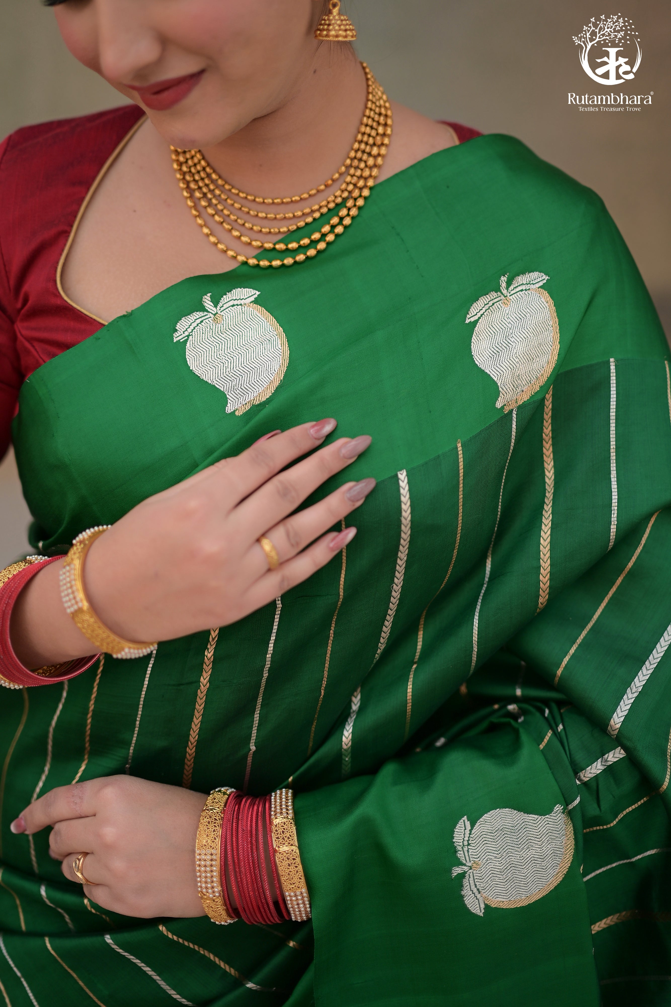 NOUSHK - ROYAL GREEN BANARASI SAREE WITH SONA-RUPA ZARI KAIRI MOTIFS IN MASHROO BORDER