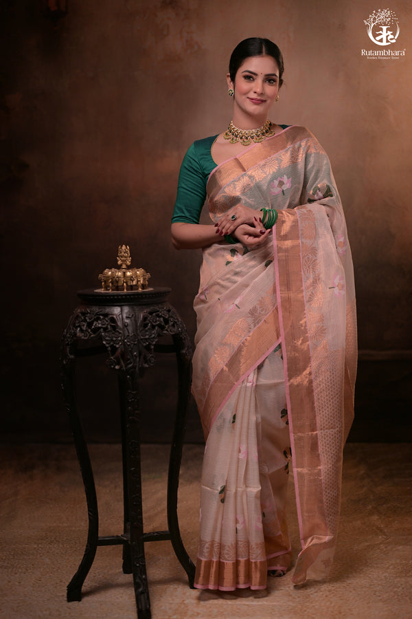 Aliyah - Beige Baby Pink Handwoven Zari Tissue Kota Saree With Soft Pink Blouse-Rutambhara-RUTAMBHARA