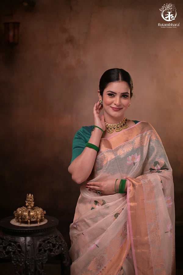 Aliyah - Beige Baby Pink Handwoven Zari Tissue Kota Saree With Soft Pink Blouse-Rutambhara-RUTAMBHARA