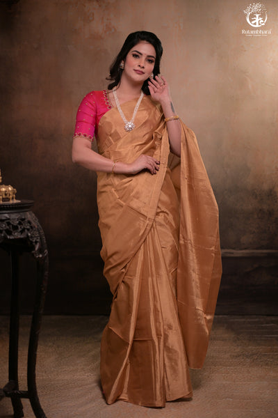 Swarvi - Lustrous Gold Handwoven Chanderi Tissue Saree-RUTAMBHARA-RUTAMBHARA