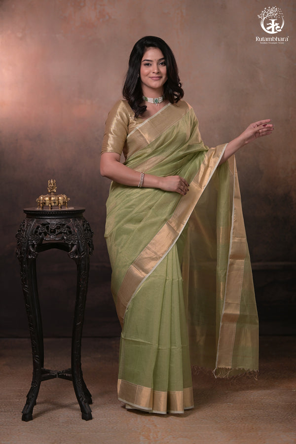 Narmaa - Pastel Green Gold Tissue Checks With Lehar Border Silk Cotton Saree-Rutambhara-RUTAMBHARA