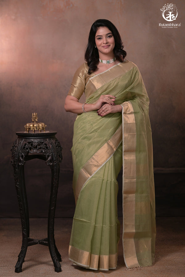 Narmaa - Pastel Green Gold Tissue Checks With Lehar Border Silk Cotton Saree-Rutambhara-RUTAMBHARA