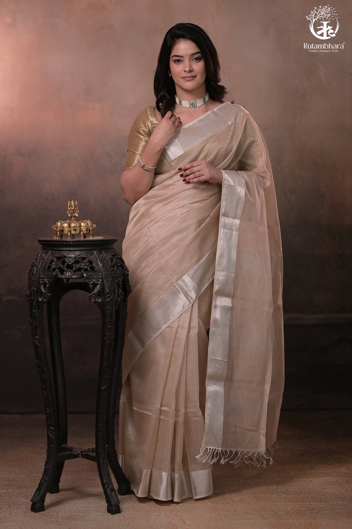 Narmaa - Silver Tissue Checks Mocha Beige With Silver Lehar Border Saree