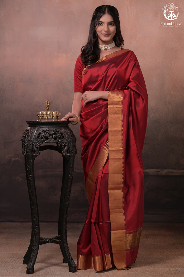 Bhadra - Reddish Maroon Plain Handwoven Silk Saree With Gold Zari Border-Rutambhara-RUTAMBHARA