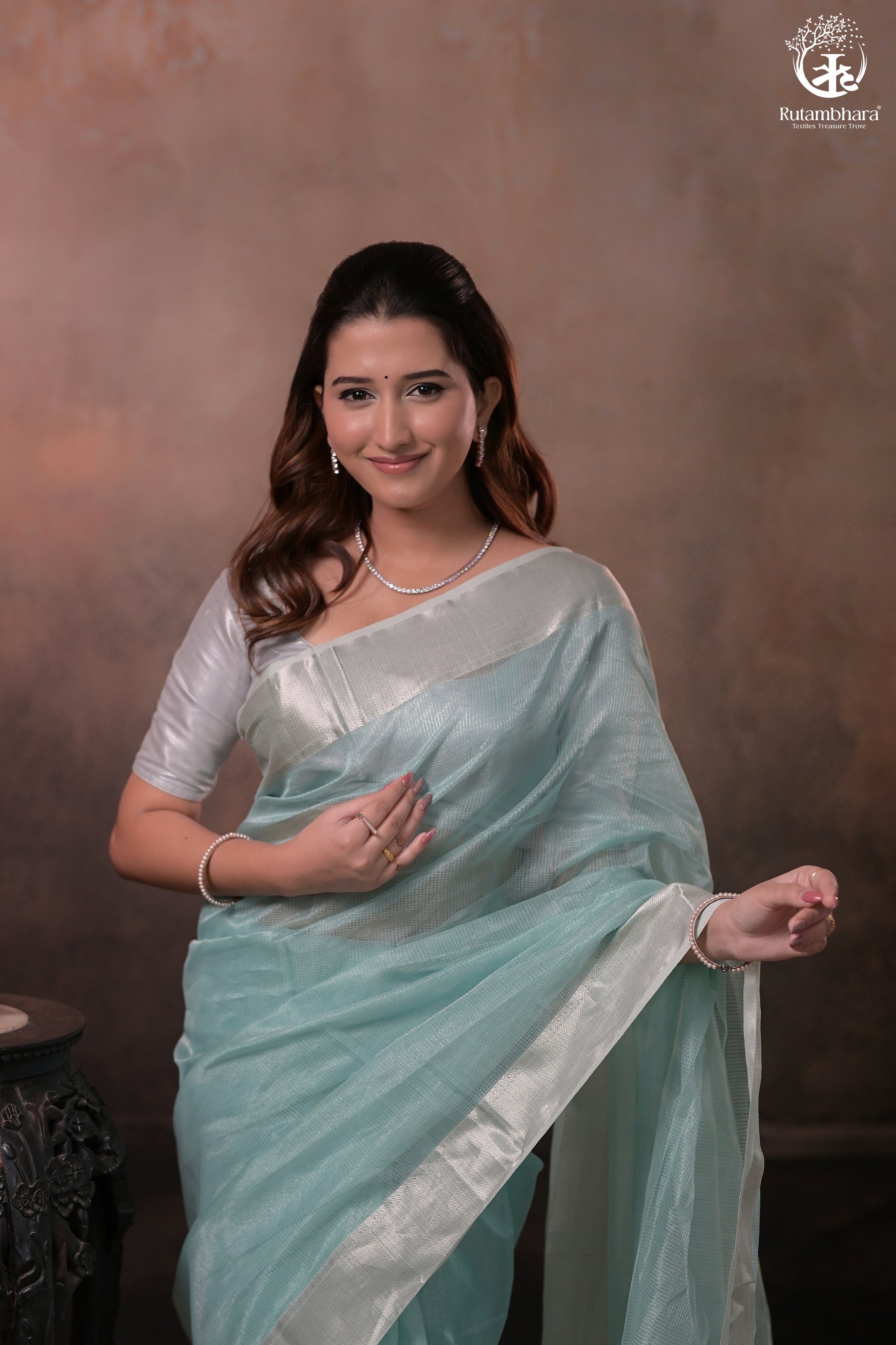 NARMAA - SILVER TISSUE CHECKS PASTEL JADE WITH SILVER LEHAR BORDER SAREE