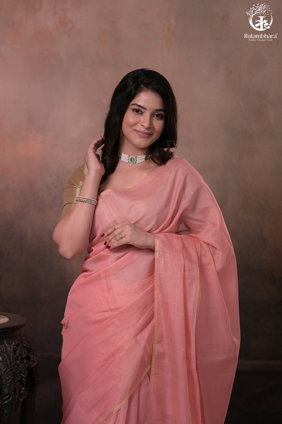 Swarvi - Elegant Blush Pink Chanderi Half Tissue Zari