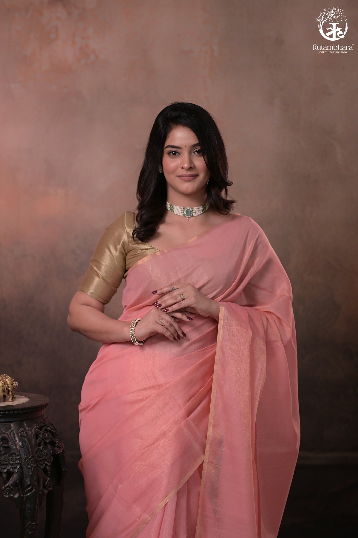 Swarvi - Elegant Blush Pink Chanderi Half Tissue Zari