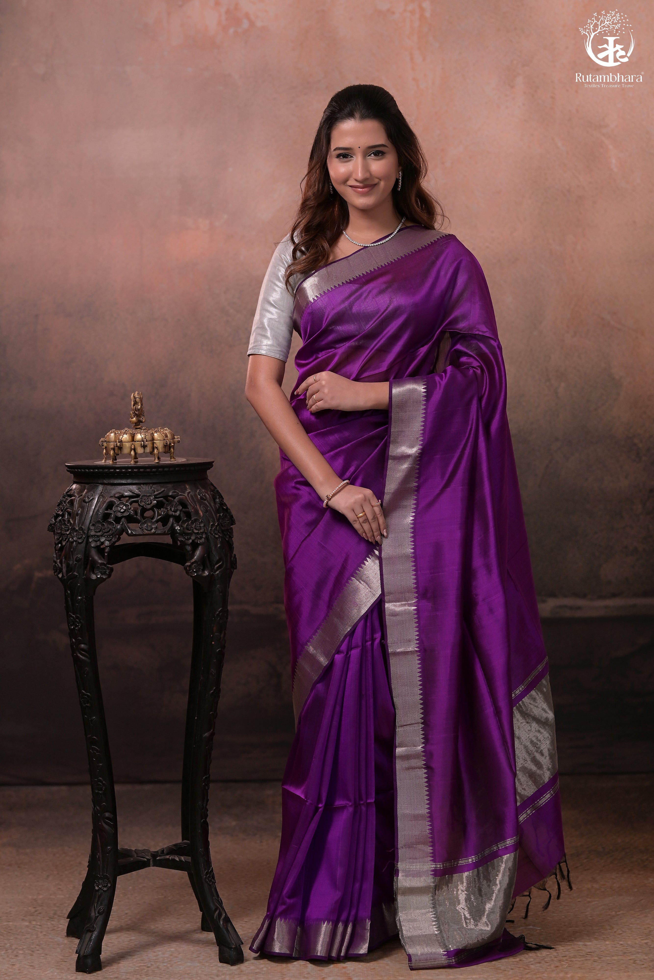 BHADRA - VIOLET PLAIN HANDWOVEN SILK SAREE WITH SILVER ZARI BORDER