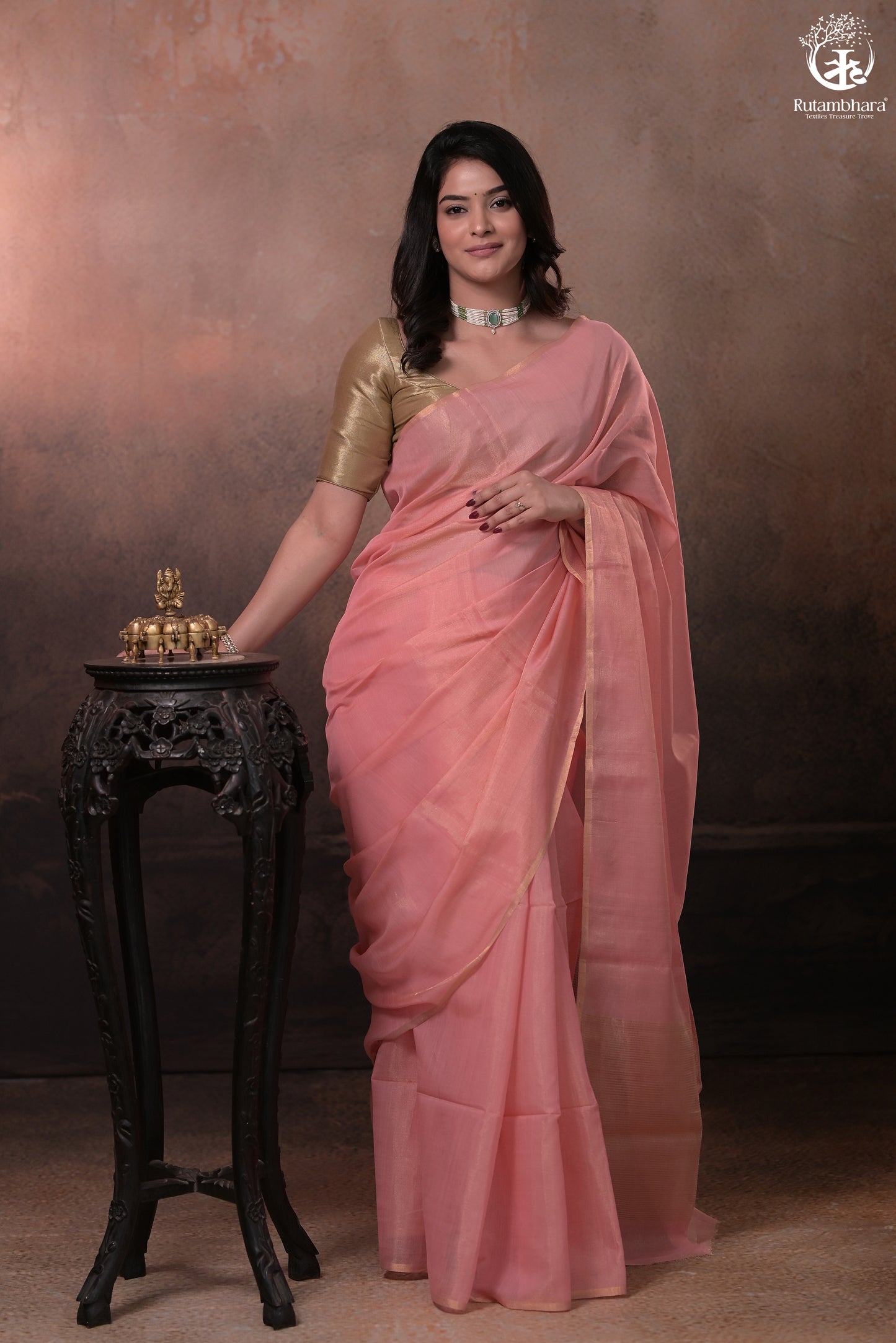 Swarvi - Elegant Blush Pink Chanderi Half Tissue Zari